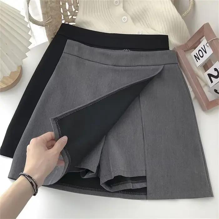 Jupe trapèze irrégulière noire et grise 2026 pour femme, taille haute, style coréen, avec fermeture