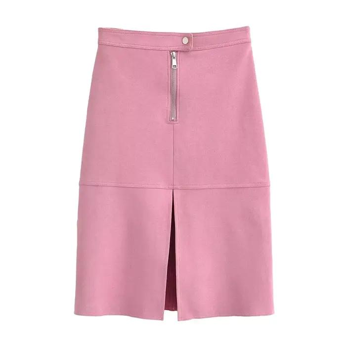 YENKYE Jupe midi rose en faux daim pour femme, avec fente avant et fermeture éclair, élégante, pour