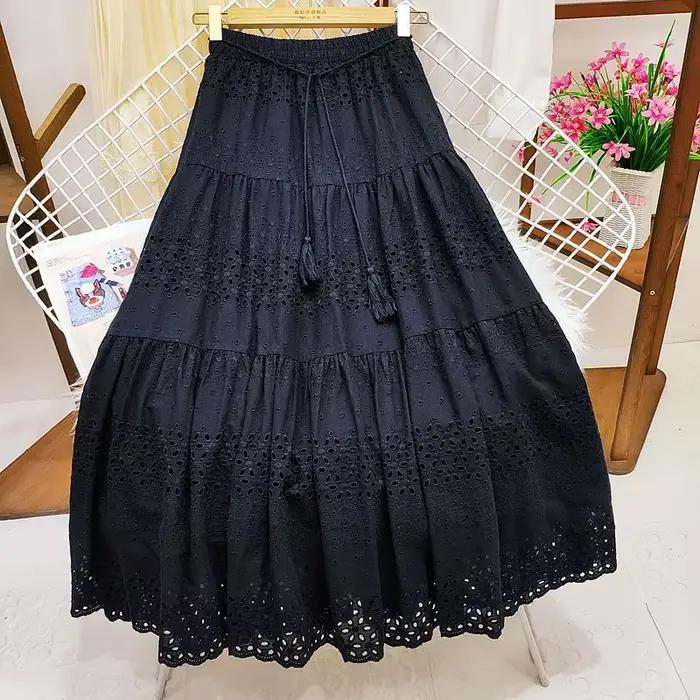 Jupe longue en dentelle évidée au crochet pour femme, ceinture trapèze, taille haute, midi, monochro
