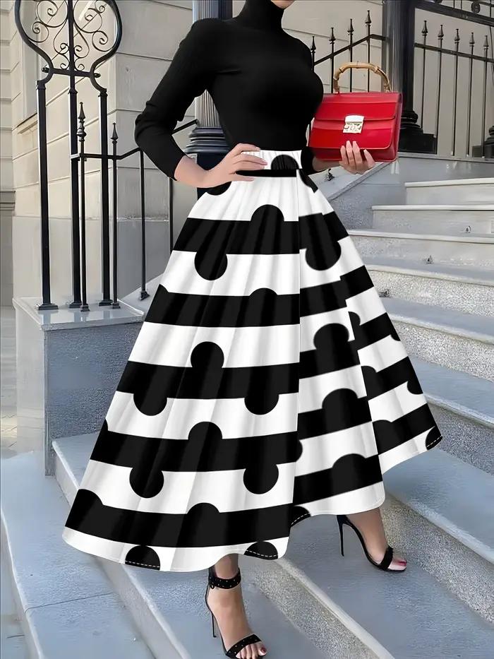 Jupe midi décontractée à pois et rayures noires et blanches pour femme, coupe trapèze, taille haute,