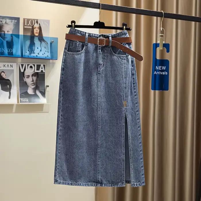Soldes Exceptionnelles : Jupe en jean brodée taille haute pour femme, coupe trapèze avec fente latér