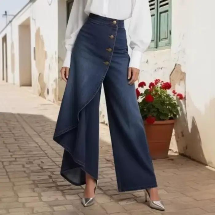 Jupe-culotte en jean pour femme, style vintage, avec boutons, coupe large, taille haute irrégulière,
