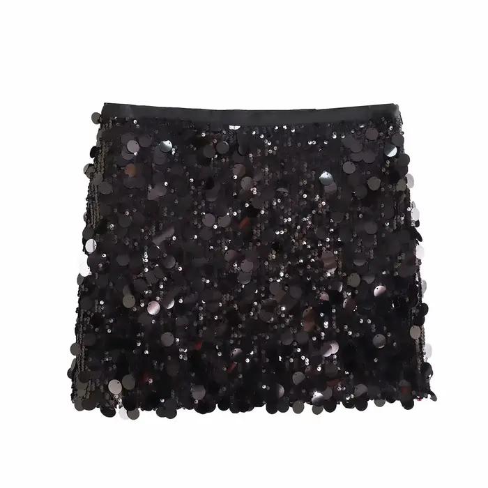 Femmes nouvelles jupes courtes à paillettes solide a-ligne Mini côté fermeture éclair taille haute m