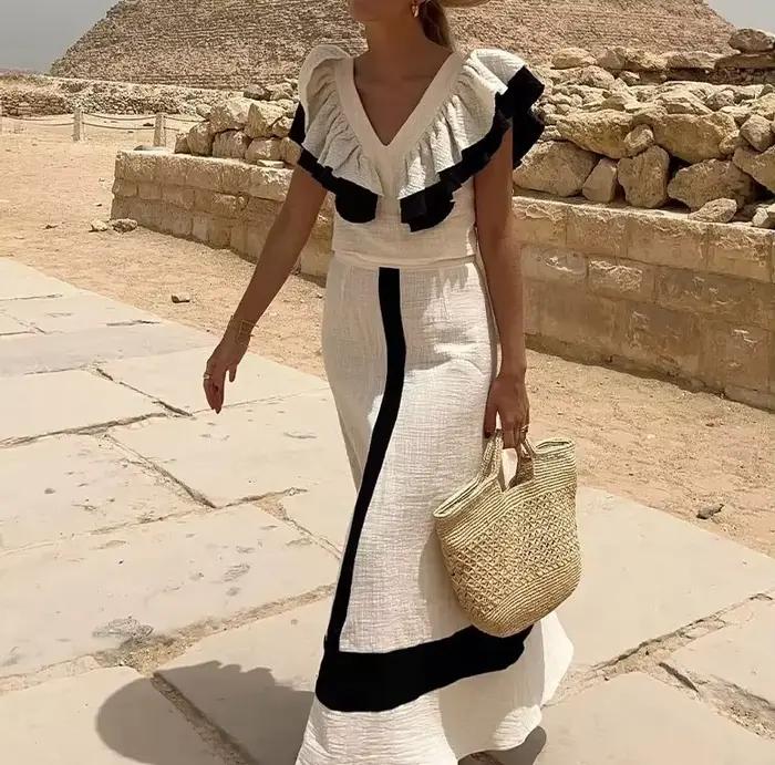 Ensemble jupe élégante pour femmes, col en V, manches volantes, souscripteurs, haut taille haute, en