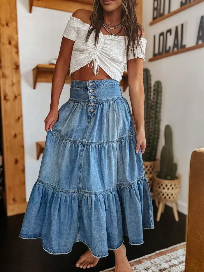 Nouvelle Jupe en jean style bohème pour femme, coupe trapèze à volants, personnalisée, mode urbaine,