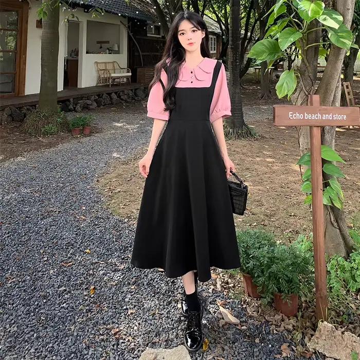 Robe longue trapèze à col Claudine de style français, taille haute, coupe ajustée, manches courtes,