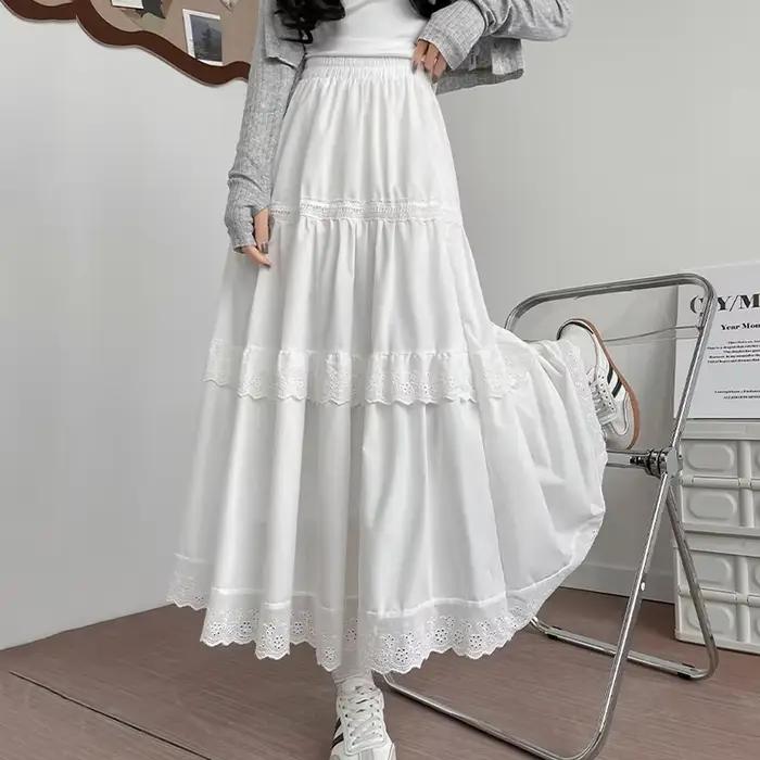 Jupe plissée en dentelle blanche coréenne pour femmes, taille haute, Patchwork de gâteau, jupes long