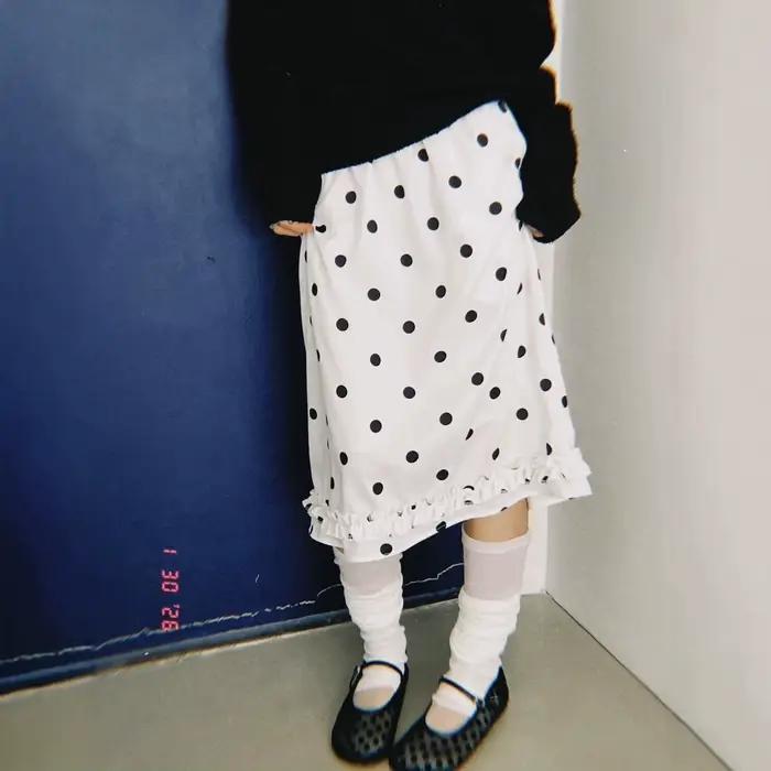 Jupe mi-longue en mousseline de soie à gros pois imprimés, style rétro pop, avec taille élastique po