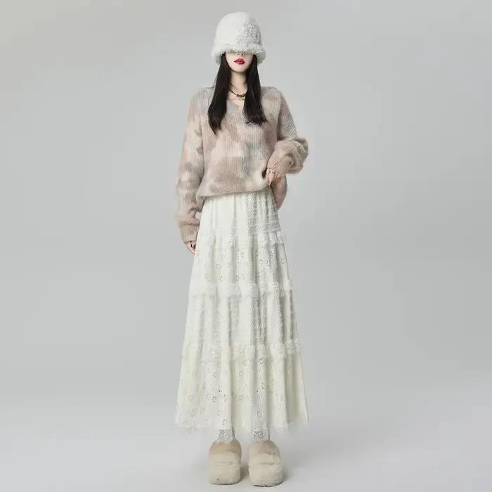 Vent doux taille haute a-ligne dentelle épissage jupe longue femmes conte de fées gâteau jupe mi-lon