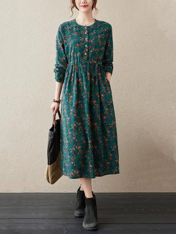 Robes à manches longues en coton et lin à imprimé floral vintage pour femmes, nouvelle collection pr