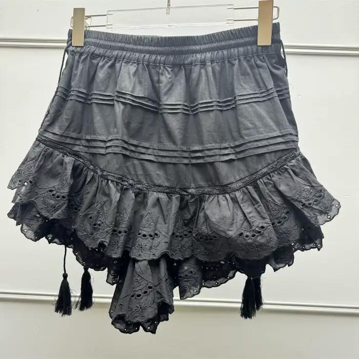 Jupe courte française pour femmes, cordon de serrage, taille élastique, pompon, à lacets, volants su