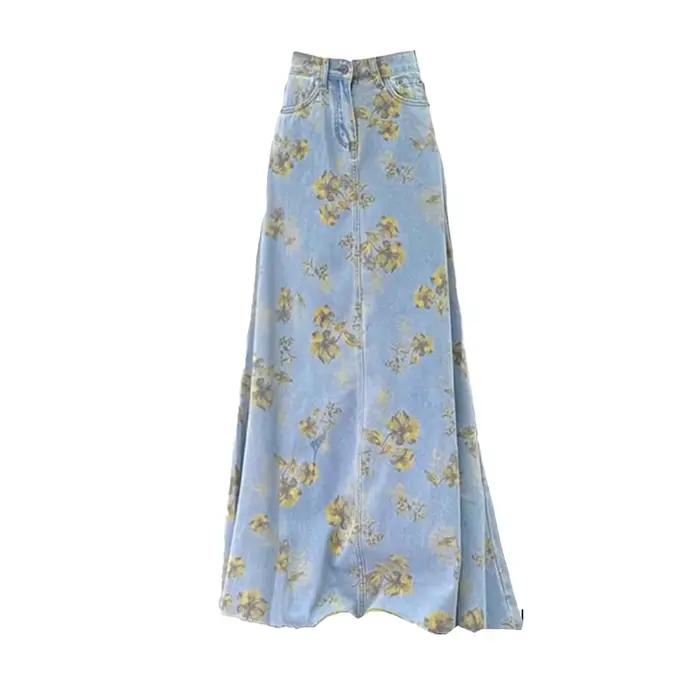 Imprimé fleuri Denim jupes longues femmes été mince Maxi jean jupe Vintage taille haute femmes une l