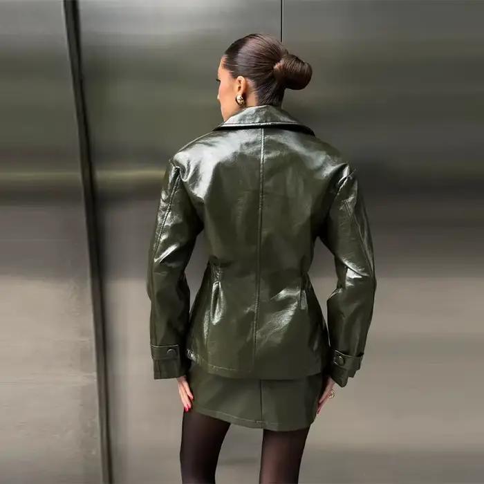 Mode femmes Faux cuir jupes ensemble col rabattu Double boutonnage taille manteau Mini jupe haute ru