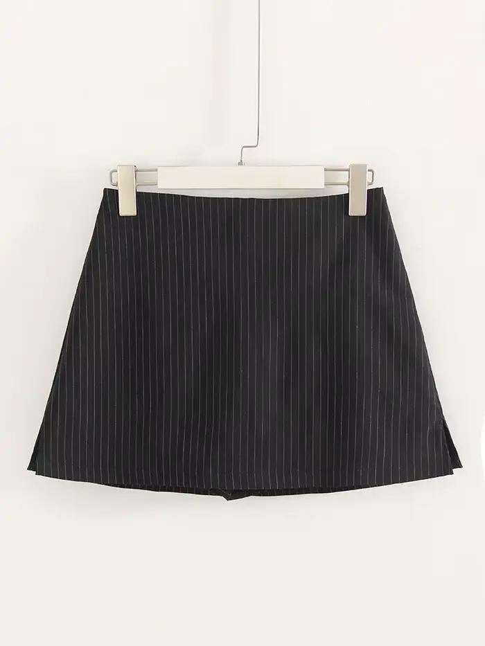 Jupe mini noire à rayures avec short intégré pour femme, coupe trapèze, fente latérale, jupe courte