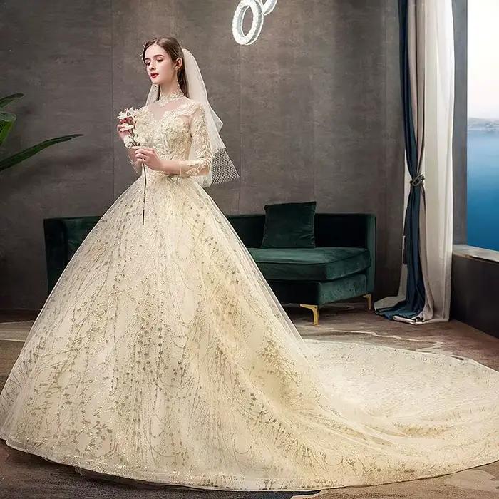 Robe De mariée Champagne avec traîne longue personnalisée, manches longues, nouvelle mode vintage, c