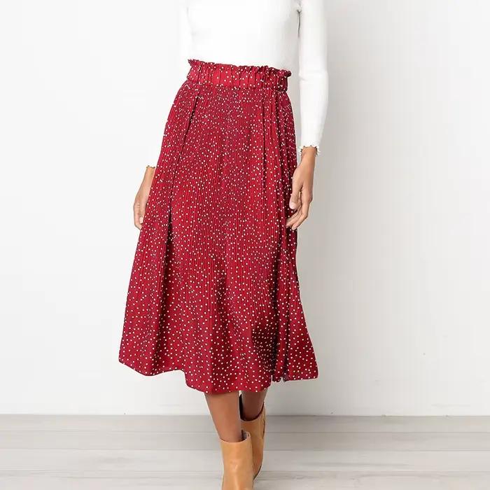 Jupe Midi Plissée à Pois Blancs et Imprimé Floral pour Femme, Taille Haute artificiel astique, Poches Latérales, Élégante, Astronomique, Été 2019