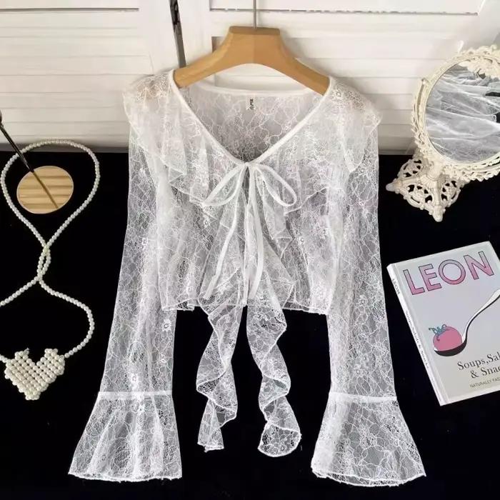 Manches longues mince respirant T-shirts femmes dentelle nœud Cardigan Blouse vêtements volants protection solaire
