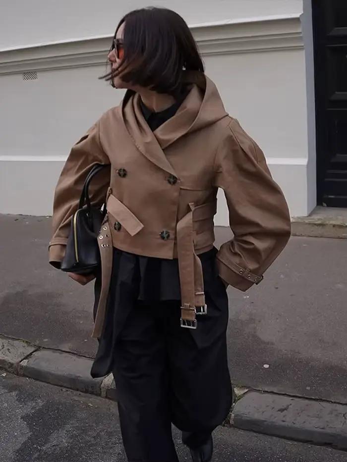 Veste courte à capuche avec Double ceinture pour femme