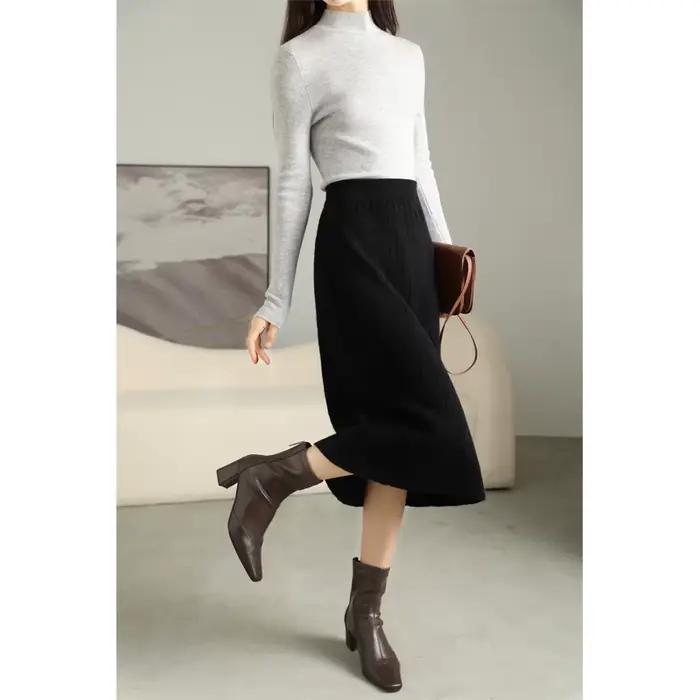 Jupe plissée 100% laine Pure pour femmes, jupe parapluie longue au-dessus du genou, taille haute, jupe trapèze en cachemire