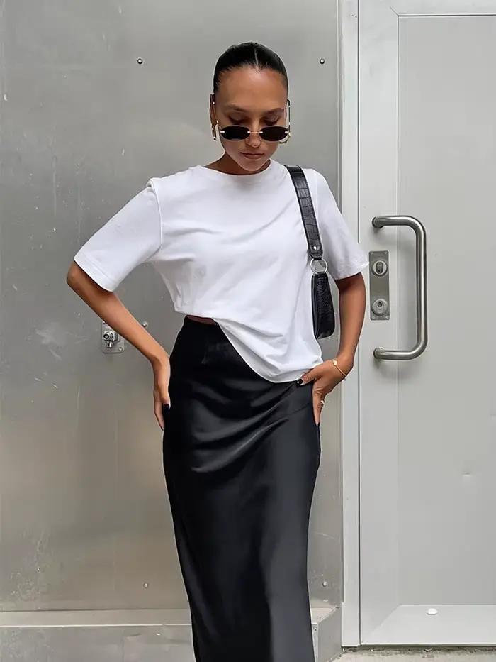Jupes trompette élégantes en Satin noir, mode Slim, taille haute, jupe longue de bureau pour femmes, couleur unie, printemps été