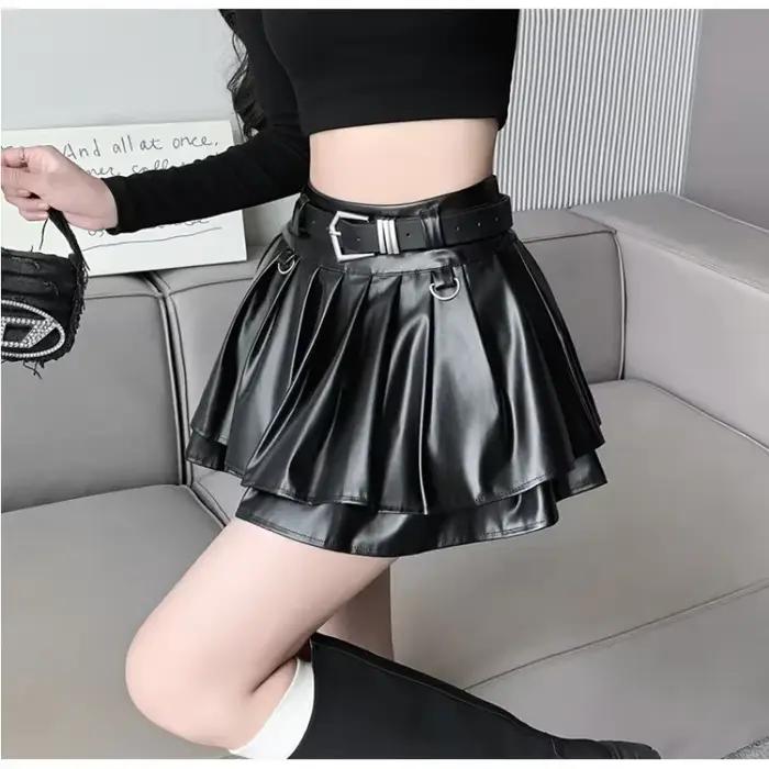 Nouvelles jupes en cuir plissé femmes coréennes taille haute solide a-ligne haute rue mode bases jupe courte femme
