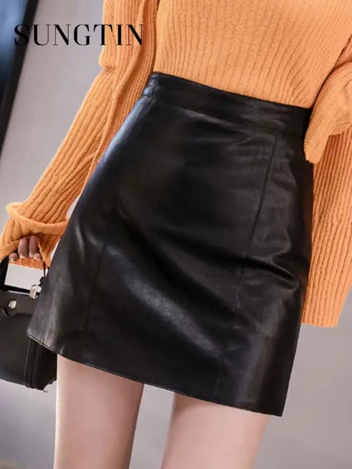 Sungtin classique Mini jupe en cuir femmes taille haute mode décontracté Faux cuir a-ligne jupe moulante dames Streetwear nouveau