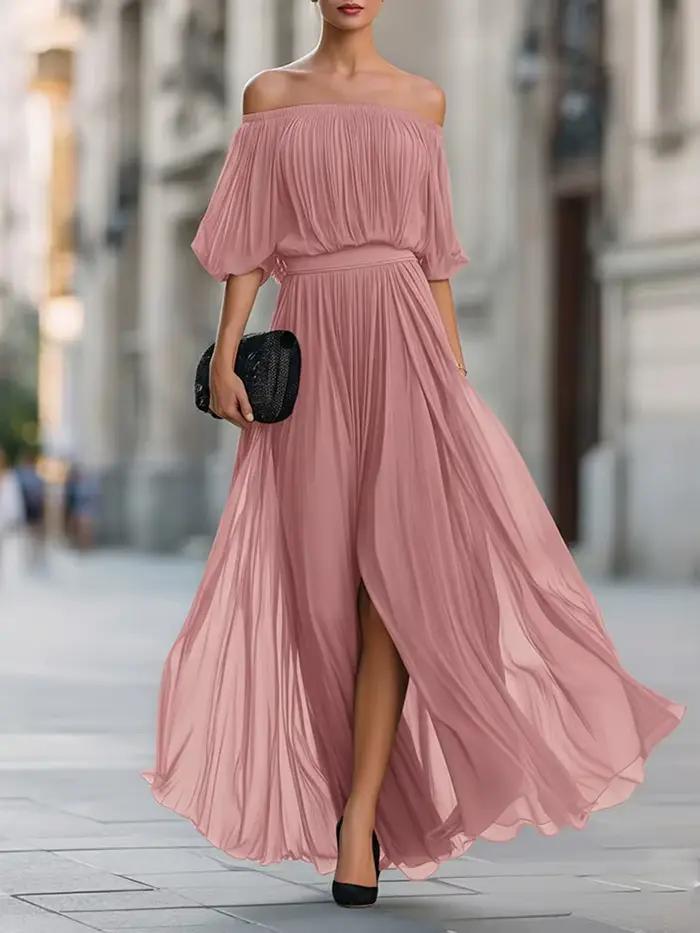 Robe longue décontractée pour femme à manches mi-longues, unie, élégante, fendue, taille haute, en mousseline, pour soirée, sexy, épaules dénudées, pour les vacances d'été