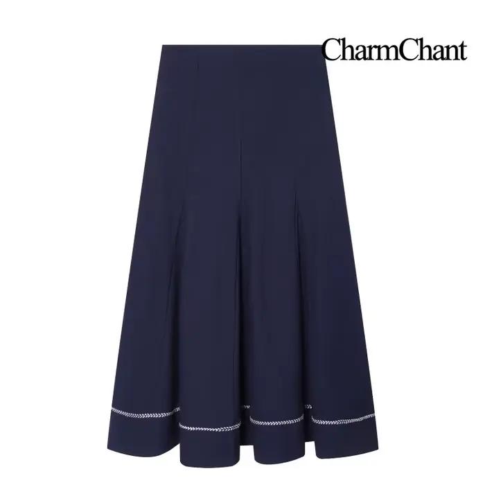 Jupe mi-longue plissée bleue taille haute pour femme CHARMCHANT