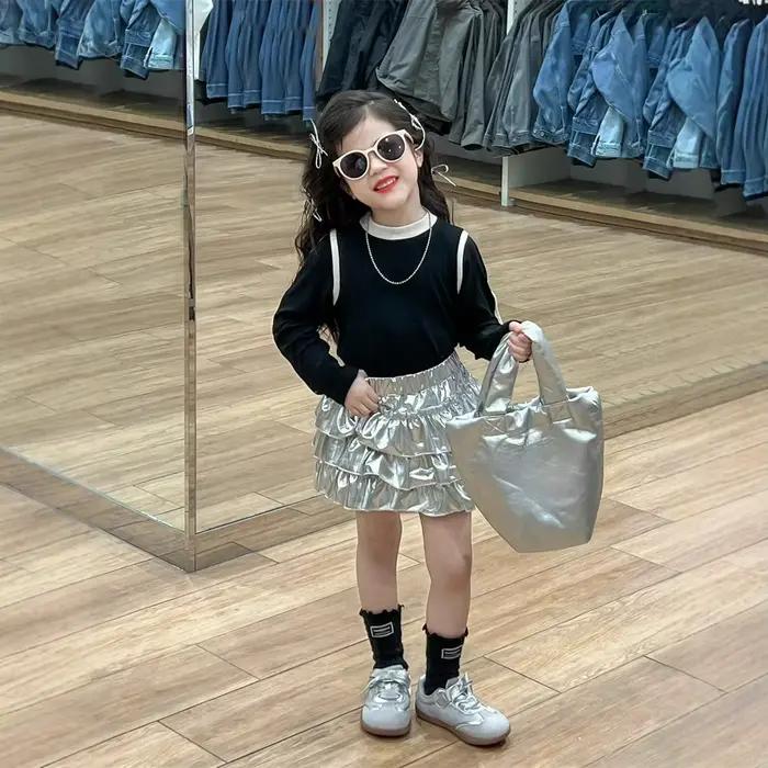  2025 nouveau printemps filles gâteau jupe automne enfants brillant métallique argent couches Tulle Mini jupe taille élastique enfant en bas âge jupe 2-7 Y