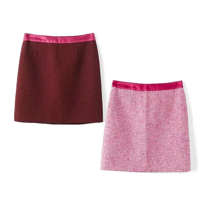 Jupe courte femme en tweed bouclé texturé, coupe trapèze, taille haute, style Old Money, élégante et chic, couleur bordeaux, luxe discret