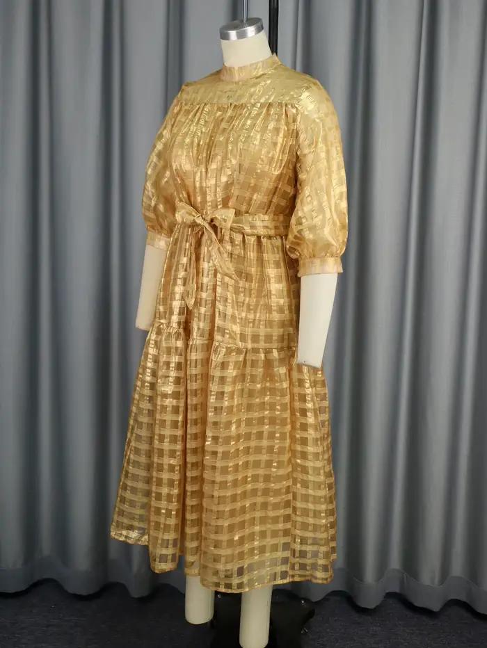 Robe Mi-Longue Élégante à Manches Demi Lanterne pour Femme, Col Rond, Plaid, Décontracté, Travail de Bureau, Soirée, Ligne A, Boule, Quelle que soit la Tenue d'Été