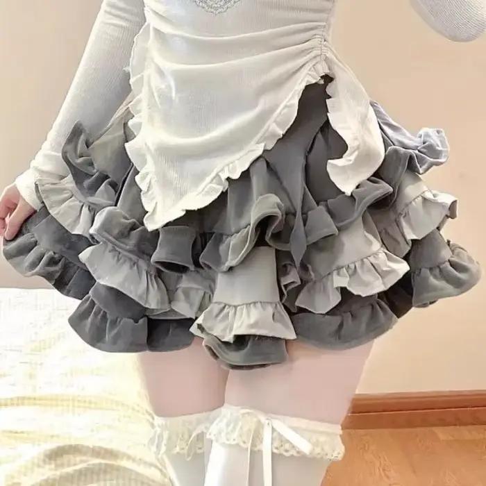 Gâteau bouffant jupes femmes conçu Hotsweet fille a-ligne gris Baggy mignon plis tout-match Mini Y2k jupe femme élégant Ulzzang Chic