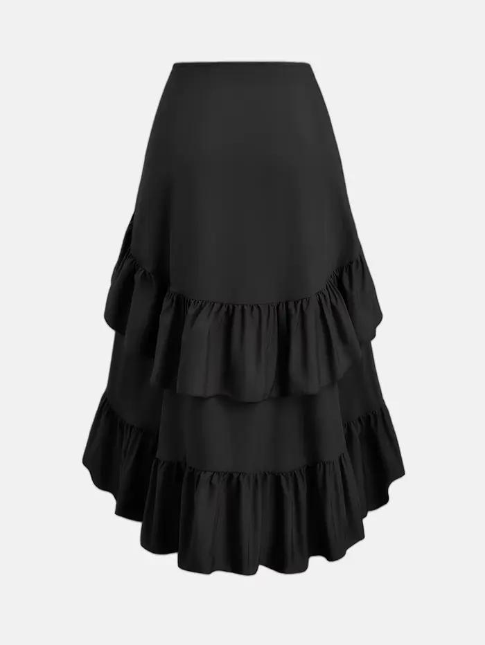 Jupe midi asymétrique noire à volants multicouches
