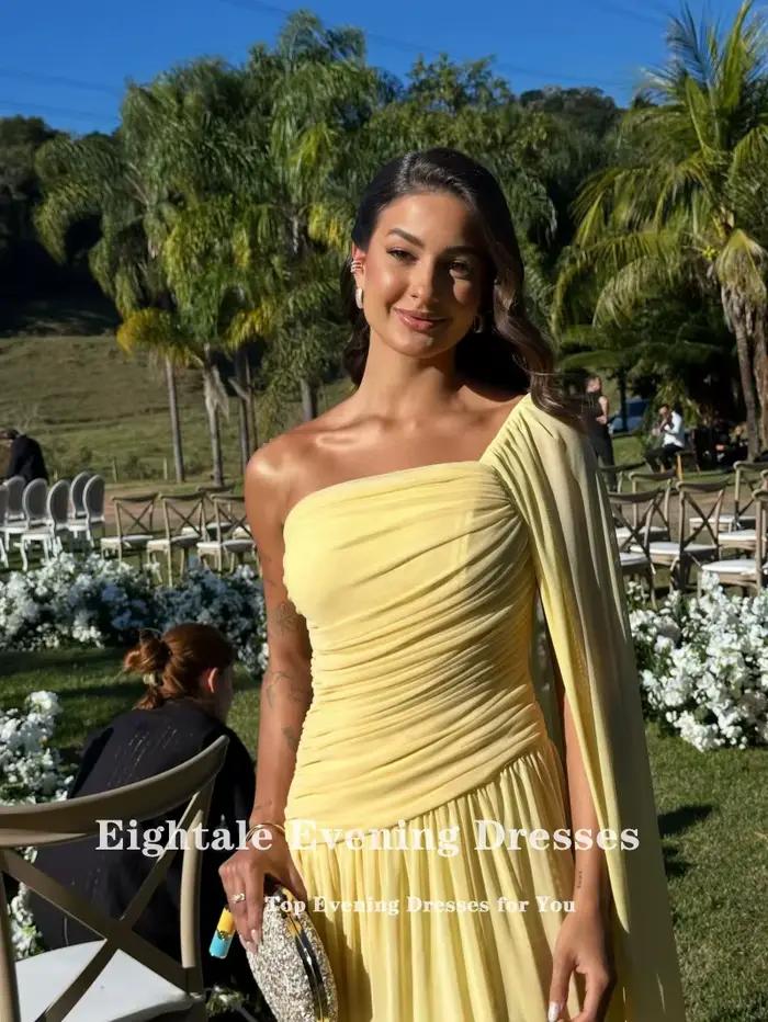 Robes de soirée jaunes Eightale pour mariage, plissées en mousseline, asymétriques à une épaule, style musulman, personnalisées, coupe trapèze, pour bal de promo