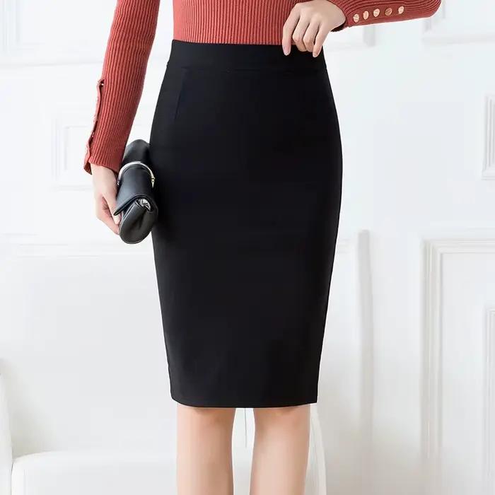 Jupe crayon noire légère et extensible pour femme ; Jupes adaptées au bureau ; Tailles asiatiques S–3XL.