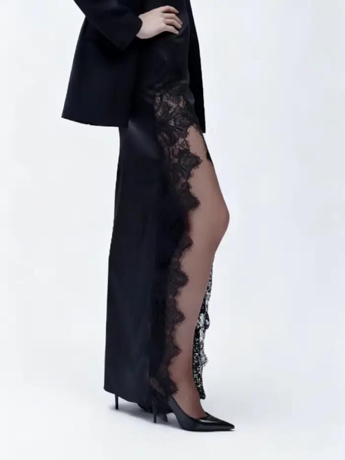 Femmes soie Satin demi-glissement jupes longues dentelle garniture asymétrique Maxi jupe élégante soyeuse fluide une