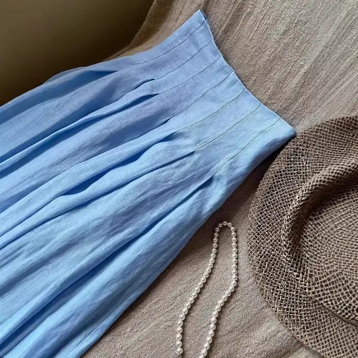 Jupe licou bleue en lin Lyocell plissé haut de gamme pour femmes