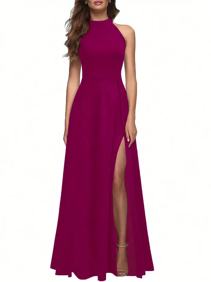 Robe de soirée longue unie à col montant et fente latérale pour femme - Robe de cérémonie élégante et amincissante pour banquets et soirées