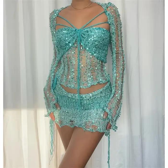Ensemble haut et mini jupe à paillettes scintillantes pour femmes