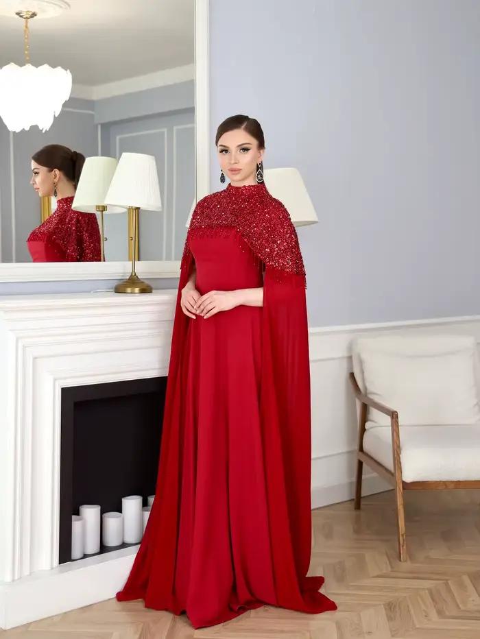Robes de soirée formelles pour femmes, robe longue rouge à manches longues, robe de soirée de luxe, cape à sequins, robe maxi en mousseline de soie, robes de soirée élégantes