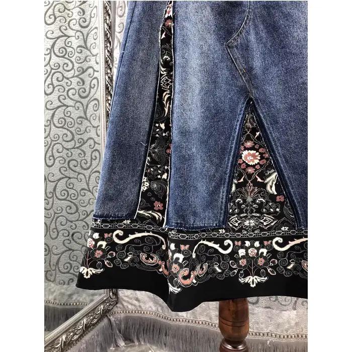 Top qualité nouvelle jupe en jean 2025 automne hiver Design dame Vintage imprimé fleuri Patchwork mi-mollet longueur