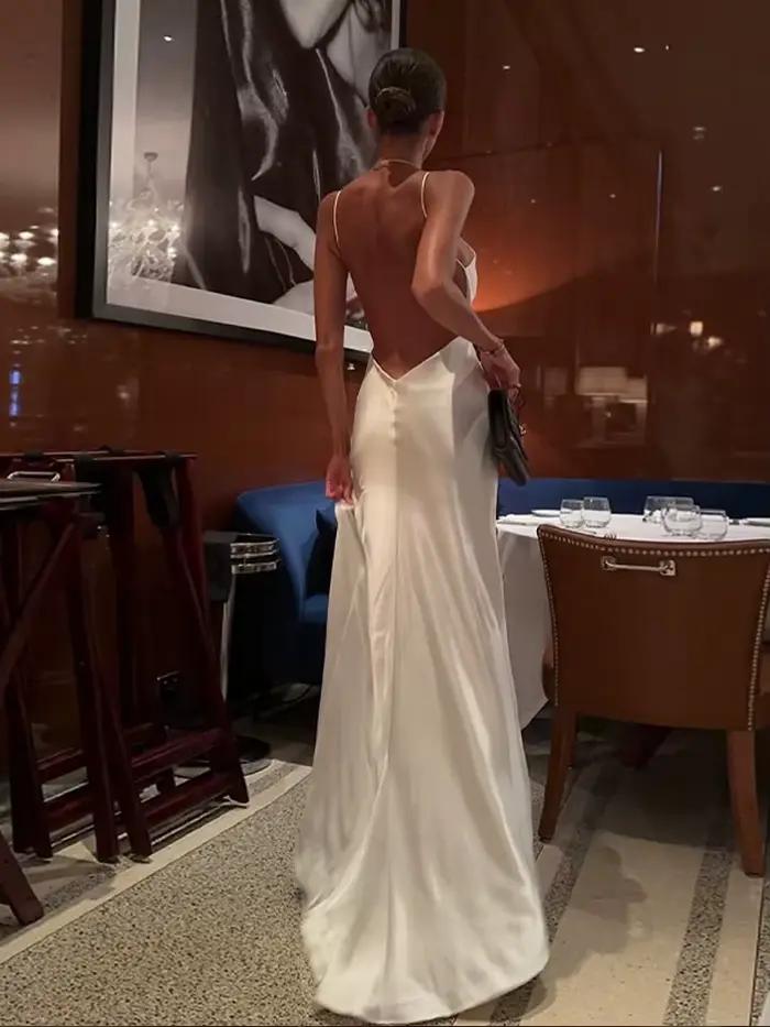 Nouvelle Robe Longue Élégante en Satin pour Femme, Dos Nu, Fente Haute, Col en V, Sans Manches, pour Soirée et Cérémonie, Été 2026, Unie, Coupe Ajustée