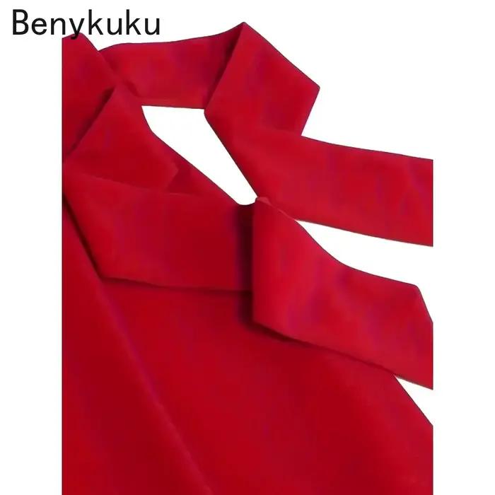 Femmes Bow Front A-Line solide rouge noir Jupe années 1950 Vintage femme vêtements 2025 été taille haute