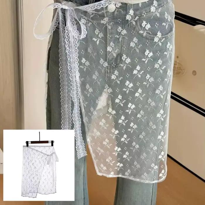 Jupe en dentelle pour femme style Y2K motif floral en maille à nouer superposée avec empiècements latéraux à nouer style skater pour superposer sur un jean