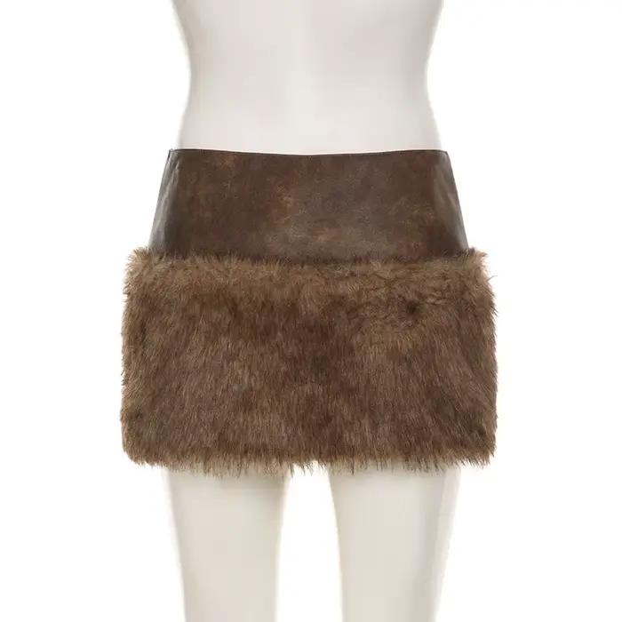 Vintage Patchwork Pu cuir fourrure jupe femmes 2024 hiver mode mince taille moyenne Mini jupes
