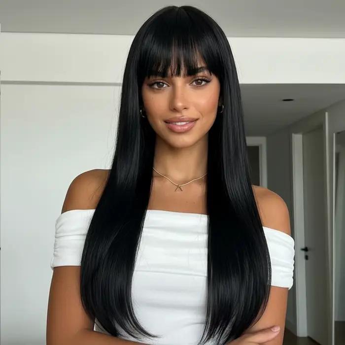 Nouvelle perruque noire longue et droite en fibre synthétique pour femmes, perruque tendance pour tous les jours, Halloween, fête costumée, cosplay