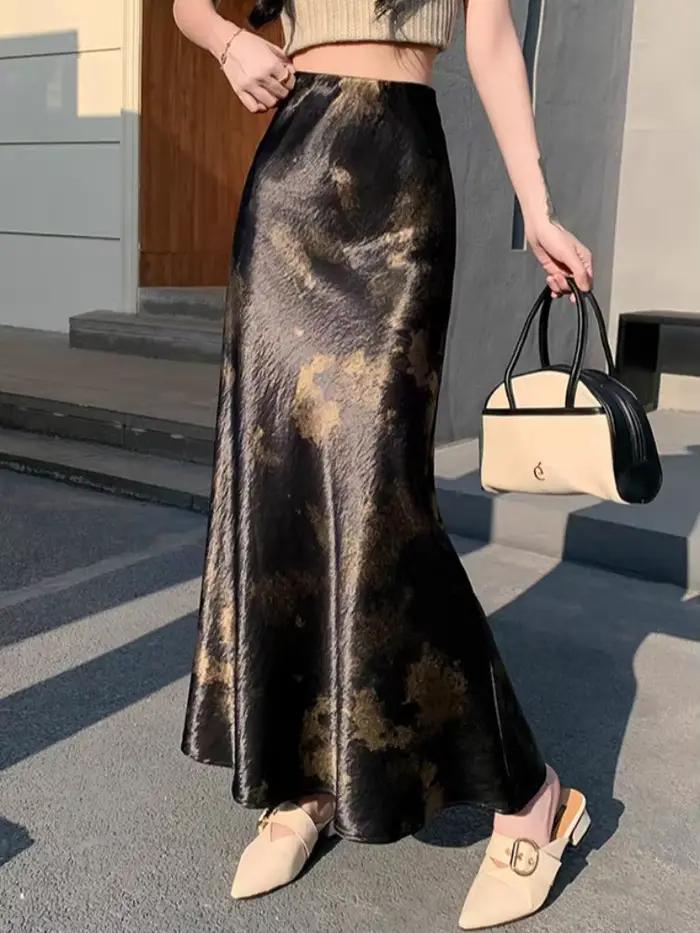 Jupe sirène en satin tie-dye: jupes mi-xi drapées fluides taille haute pour femmes