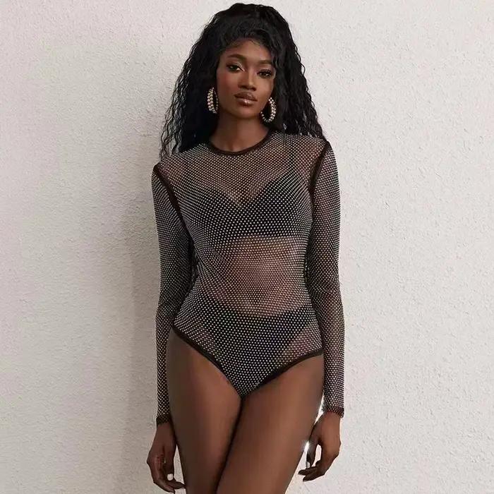 Combinaison à manches longues pour femmes, barboteuse Sexy en maille ajourée, tenue décontractée scintillante pour tenues de nuit en Club d'été