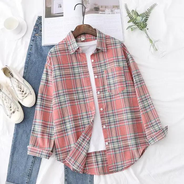 Chemise à carreaux femmes nouveau Style printemps automne femmes chemisiers à manches longues et hauts dame coton ample décontracté chemise à carreaux vêtements