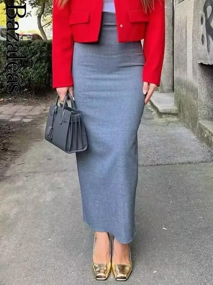 Bazaleas 2024 élégant gris femmes jupe longue officiel taille haute paquet hanche a-ligne jupes